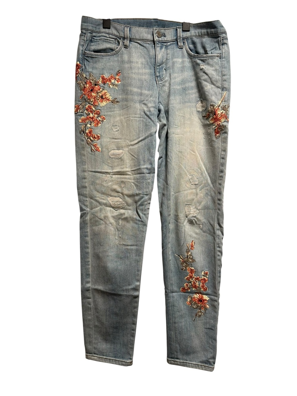 White House Black Market Light Wash Skinny Jeans with Orange Floral Embroidery